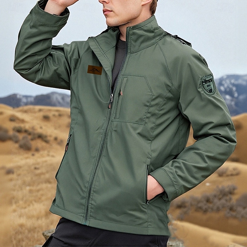 Men's Mountain Military Jacket Raincoat Shell Jacket Waterproof Lightweight Casual Sports Outdoor Camping & Hiking Embroidered Side Pockets Windbreaker Fall Winter Hooded Long Sleeve Army Green