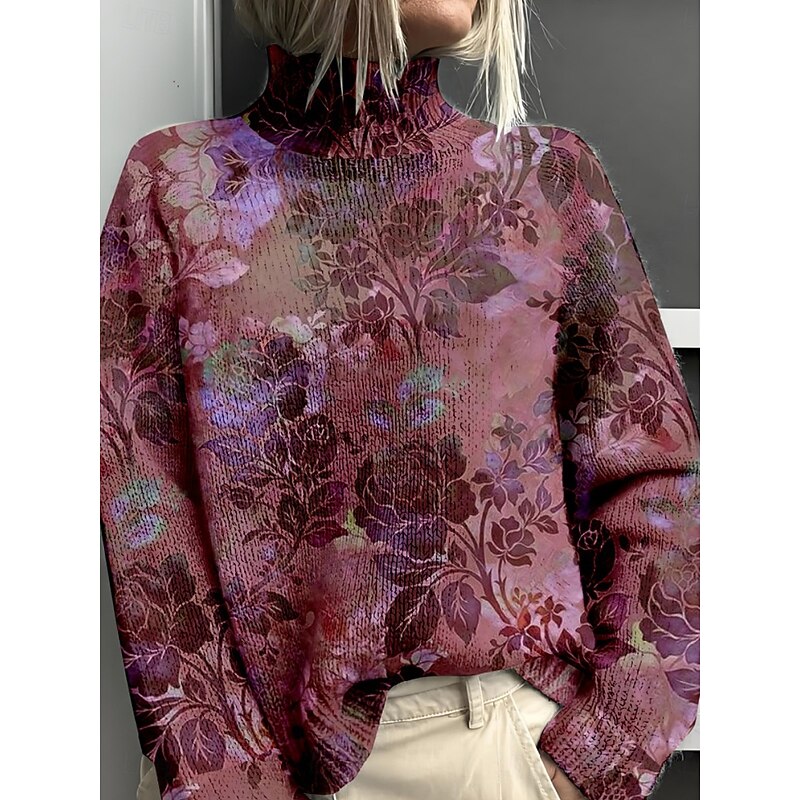 Women's Sweater Casual Soft Floral Ribbed Turtleneck Knitted Print Long Sleeve Regular Tops Knit Outdoor Daily Weekend Wine Blue Fall Winter4