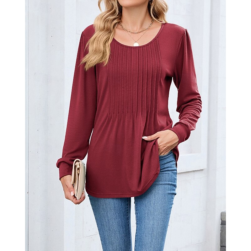 Women's Texture Blouse T Shirt Plain Casual Long Sleeve Crew Neck Regular Tops Going out Weekend Black White Pink Wine Fall2