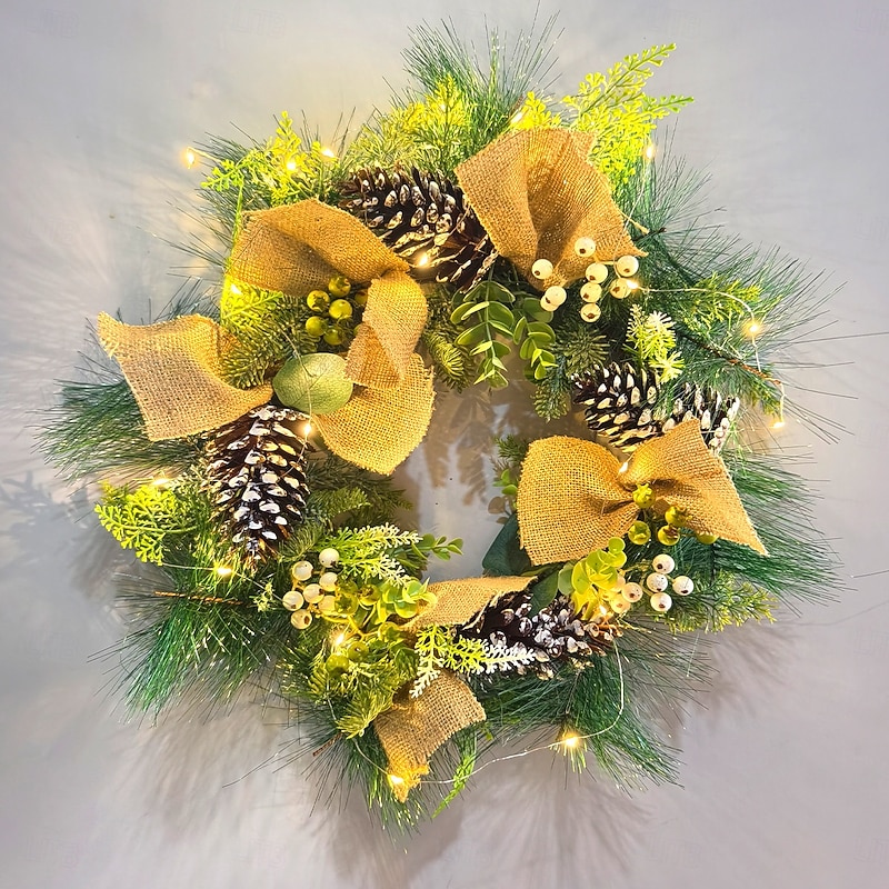 Christmas Light Up Pinecone and Twig Wreath Window Decoration Festive Holiday Party Realistic Pine Needle Rattan Door Hanging Perfect Seasonal Home Ornament