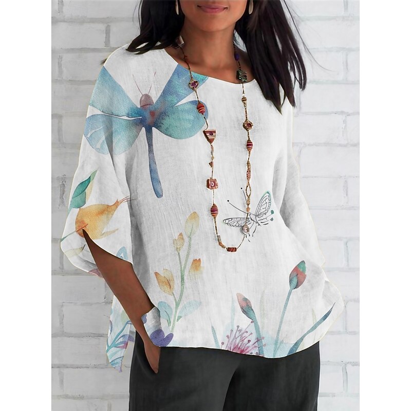 Women's Shirt Dragonfly Daily Casual 3/4 Length Sleeve Crew Neck Regular Tops Daily Holiday Print Yellow Blue Summer Spring Fall