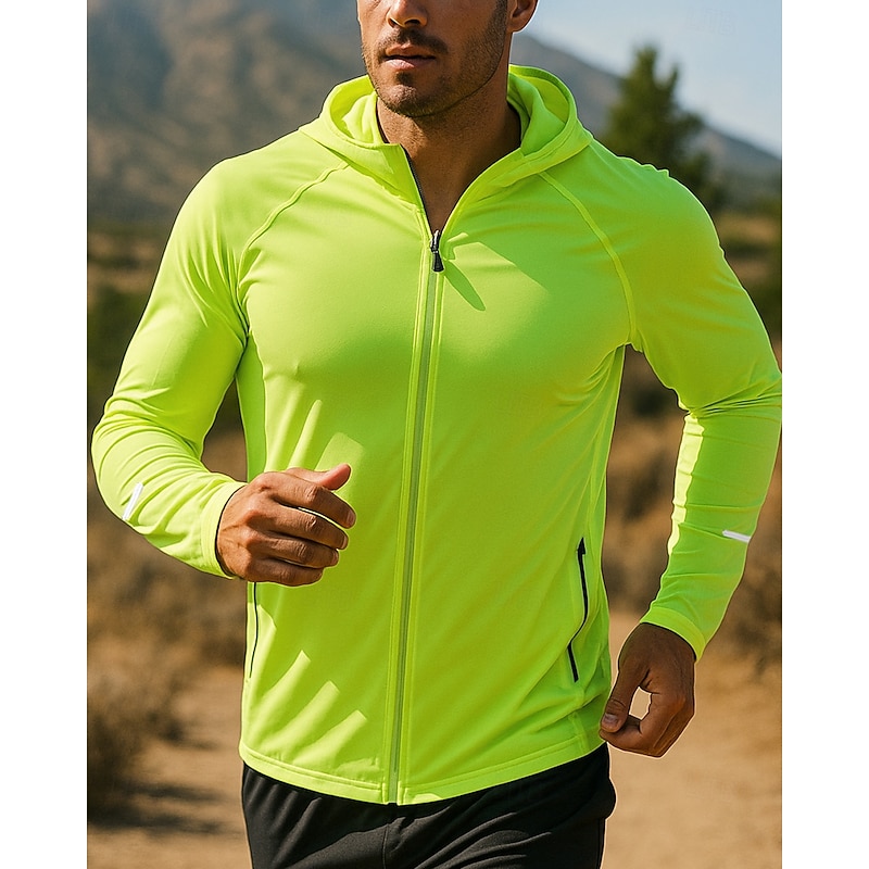 Men's Running Jacket Outdoor Jacket Hooded Jacket Drawstring Pocket Long Sleeve Top Athleisure Solid Colored Windproof Quick Dry Moisture Wicking Breathable Fishing Hiking Running Sportswear