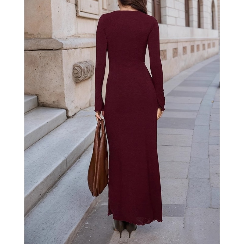 Women's Midi Dress Prom Dress Party Dress Fashion Party Special Occasion Evening Party Regular Fit Plain Long Sleeve Crew Neck Wine Fall3