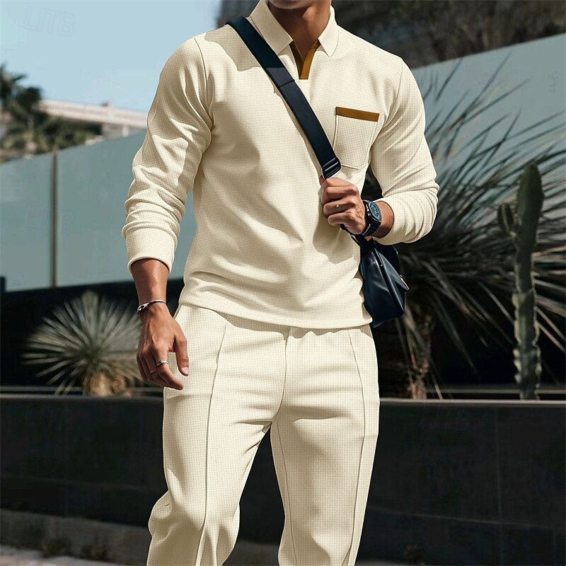 Men's Waffle Polo Shirts Golf Shirt Work Casual Lapel Long Sleeve Basic Modern Color Block Buttons Spring Fall Regular Fit Black Royal Blue Khaki Gray Waffle Polo Shirts