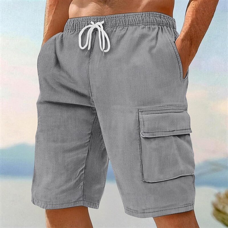 Men's Cargo Shorts Shorts Linen Shorts Summer Shorts Beach Shorts Drawstring Elastic Waist Plain Comfort Breathable Knee Length Outdoor Daily Beach Vacation Fashion Black White Inelastic