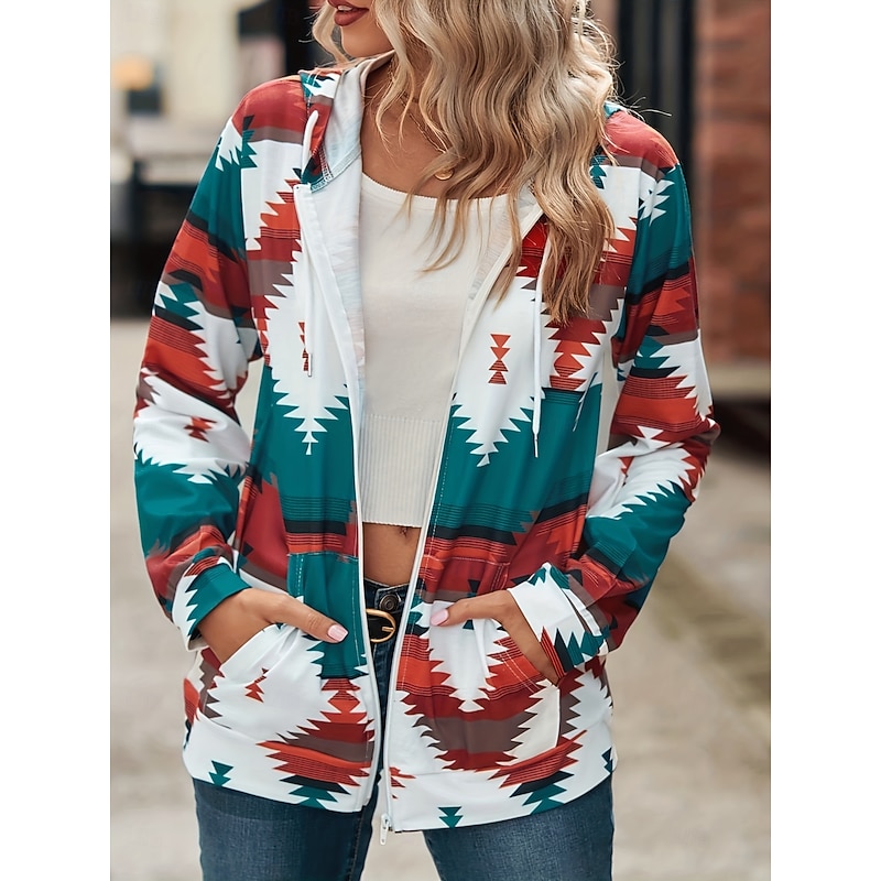 Women's Zip Up Hoodies Graphic Geometric Fashion Casual Long Sleeve Hooded Regular Tops Street Dailywear Zipper Pocket Print Pink Blue Gray Spring Fall3