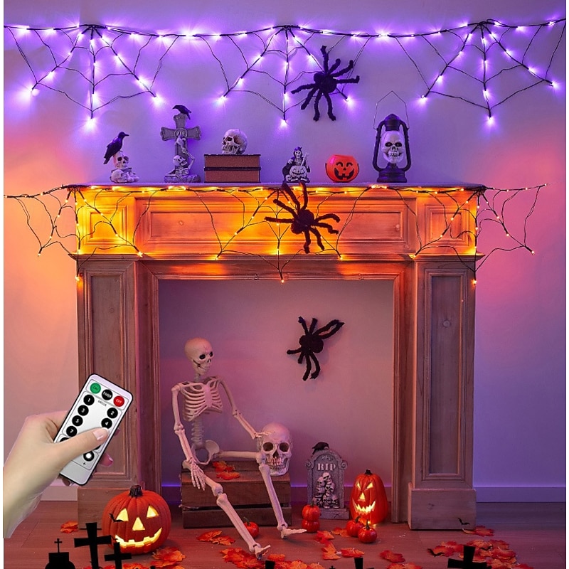 1 Pc 180 * 30CM Halloween Spider Web Light Purple Orange Light Indoor Gathering Atmosphere Decorative Light Remote Control Usb AAA Battery Box