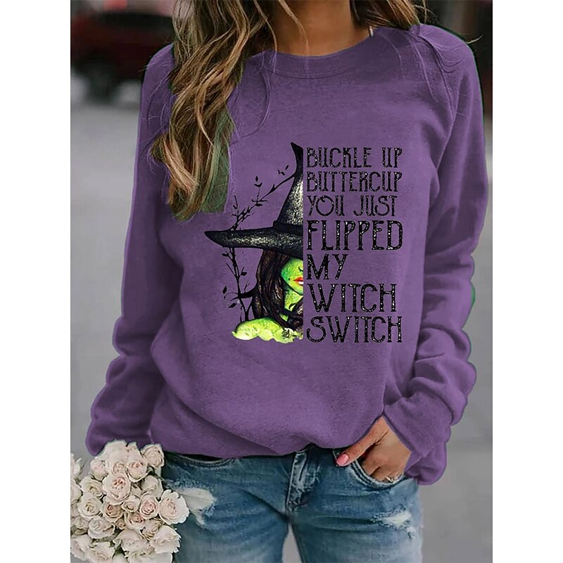 Halloween Women's Sweatshirts Witch Graphic Letter Fashion Casual Long Sleeve Crew Neck Round Neck Regular Tops Street Dailywear Casual Print Purple Orange Green Fall Winter3