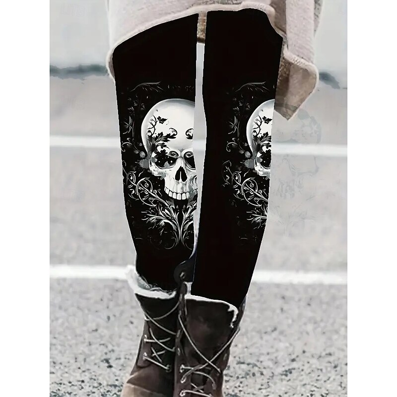 Women's Leggings Vacation Vintage Fashion Full Length High WaistPantsHalloween Graphic Skull Printing Thermal Warm Soft Breathable Stretchy Formal Outdoor Vacation Black White Spring Fall Slim Fit