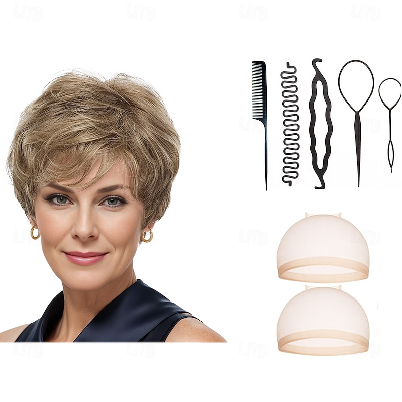 Classic Short Wig with Enviable Volume and Textured Layers / Multi-Tonal Shades of Blonde With 2PCS HD Wig Cap and Hairdressing Tool Set3