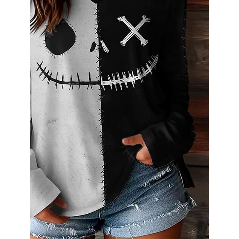 Halloween Women's T shirt Monster Graphic Skull Pumpkin Vintage Stylish Casual Long Sleeve V Neck Regular Tops Daily Weekend Print Black Spring Fall Winter3
