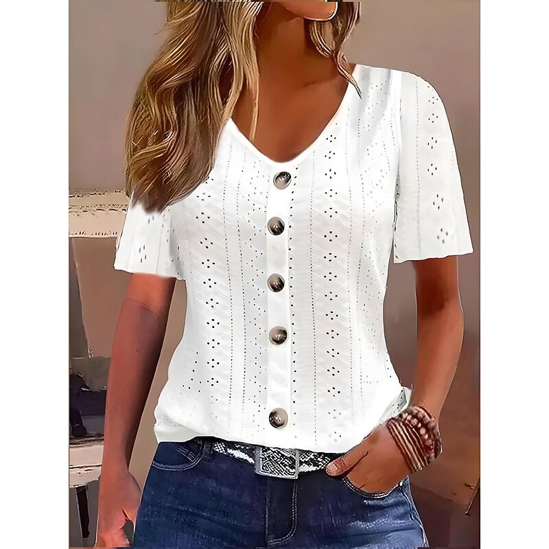 Women's White Elegant Lace Tops Eyelet Blouse Daily Regular Tops Short Sleeve V Neck Buttons Loose Fit Daily Romantic Petite Tops Summer Holiday Wear White Pink Semi Formal Blouses