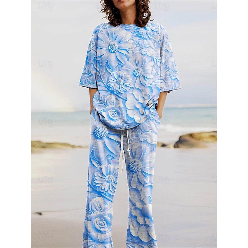 Women's Active Fashion Pants Sets 3/4 Length Sleeve Crew Neck Floral Print Vacation Daily Holiday Blue Purple Khaki Summer Regular Fit2