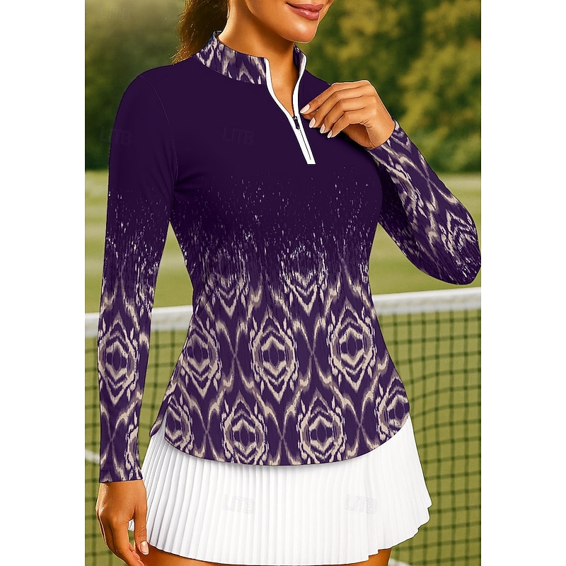 Women's Tops Golf Polo Shirt Tennis Shirt Tennis Tee Long Sleeve Print Quarter Zip Pullover UPF50+ UV Protection Elastic Breathable Volleyball Tennis Golf Stand Collar Zip Collar Shirt Polo Black4