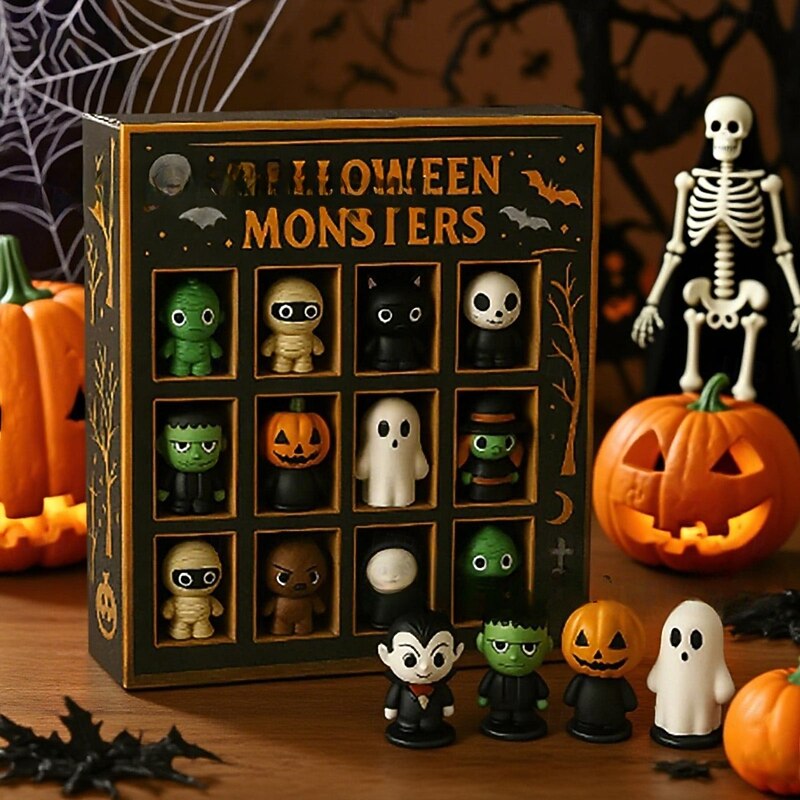 Halloween Advent Calendar Countdown 16PCS Halloween Monster Figurines Host Mini Resin Figures, Spooky Zombie Collectible Toys for Kids & Adults