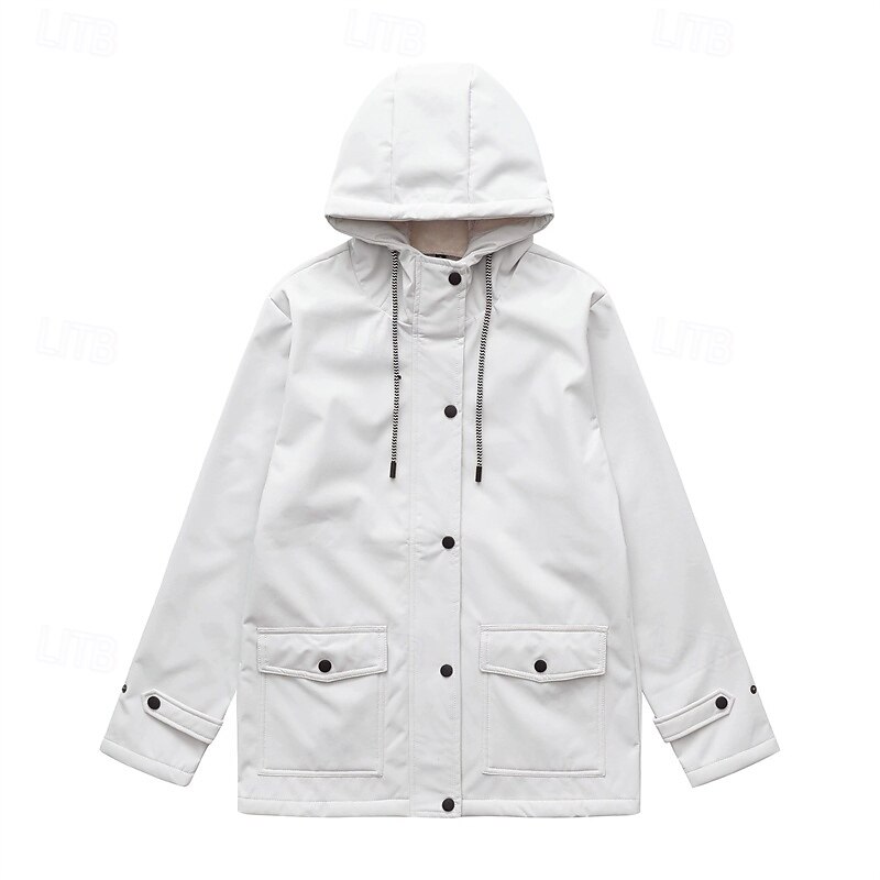 Women's Casual Jacket Waterproof Rain Jackets Rain Coats Waterproof Windproof Zipper Pocket Fashion Outdoor Plain Going out Weekend Zipper Regular Hooded Regular Fit Long Sleeve Outerwear Black White2