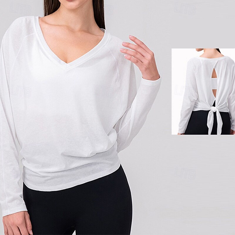 Women's Activewear V-neckline Breathable Backless Long Sleeve Sports Solid Color Top For Gym Athletic Sports Loose Fit Activewear