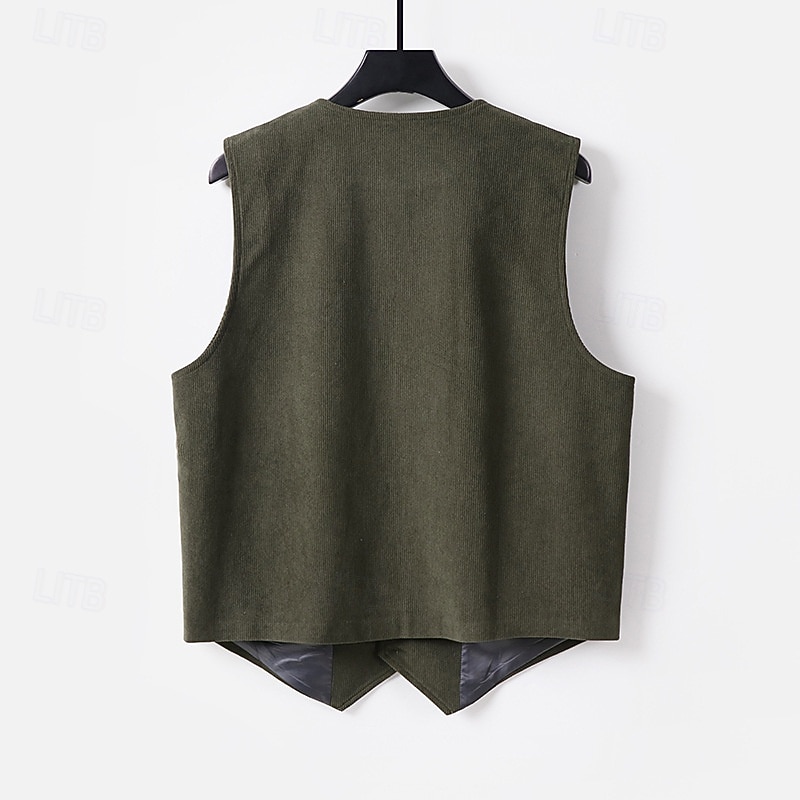Men's Corduroy Vest Vest Waistcoat Gilet Vacation Party Business Fashion Casual Spring Fall Pocket Buttons Polyester Comfortable Plain Single Breasted One-button V Neck Regular Fit Black Green Coffee3