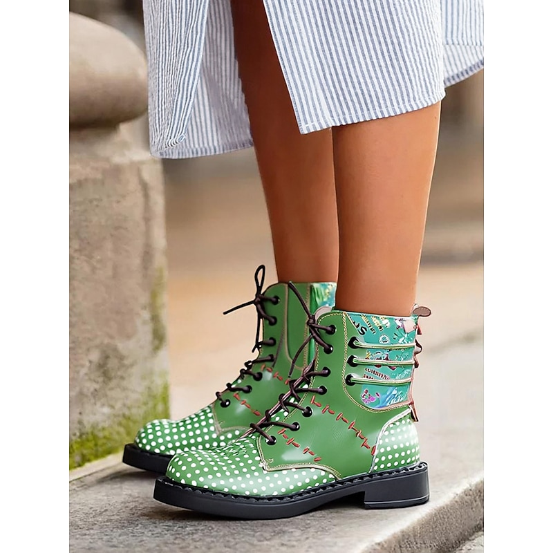 Women's Green Polka Dot Leather Lace-Up Ankle Boots with Colorful Patchwork Design, Comfortable Flat Heel Casual Outdoor Footwear