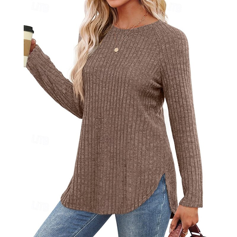 Women's Sweater Pullover Daily Stylish Casual Solid Color Ribbed Crew Neck Knitted Long Sleeve Regular Tops Knit Daily Holiday Going out Black Wine Fall Winter4