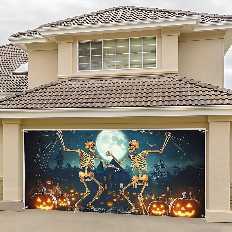 Halloween Tapestry Garage Door Cover Large Hanging Backdrop Skeleton Moon Funny Fantasy Psychedelic Party Outdoor Shooting Backgrounds Front Door Home Decor
