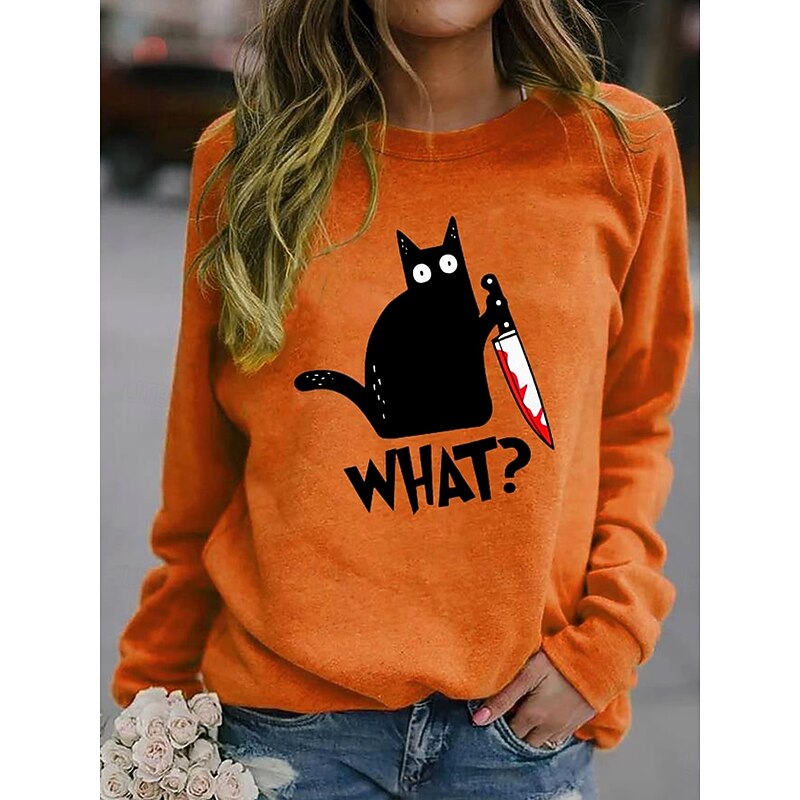 Halloween Women's Sweatshirts Black Cat Graphic Cat Letter Fashion Casual Long Sleeve Crew Neck Round Neck Regular Tops Street Dailywear Casual Print Blue Orange Brown Green Fall Winter