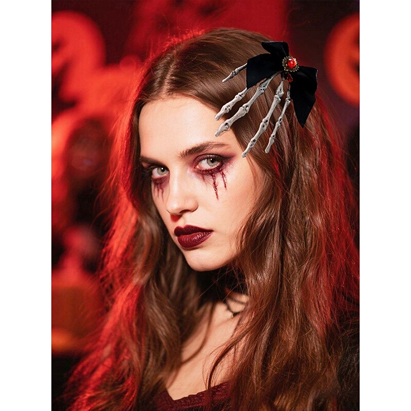 Women's Gothic - Style Black Bow Hair Clip with Skeleton Hand Detail, Perfect for Halloween Party Wear2
