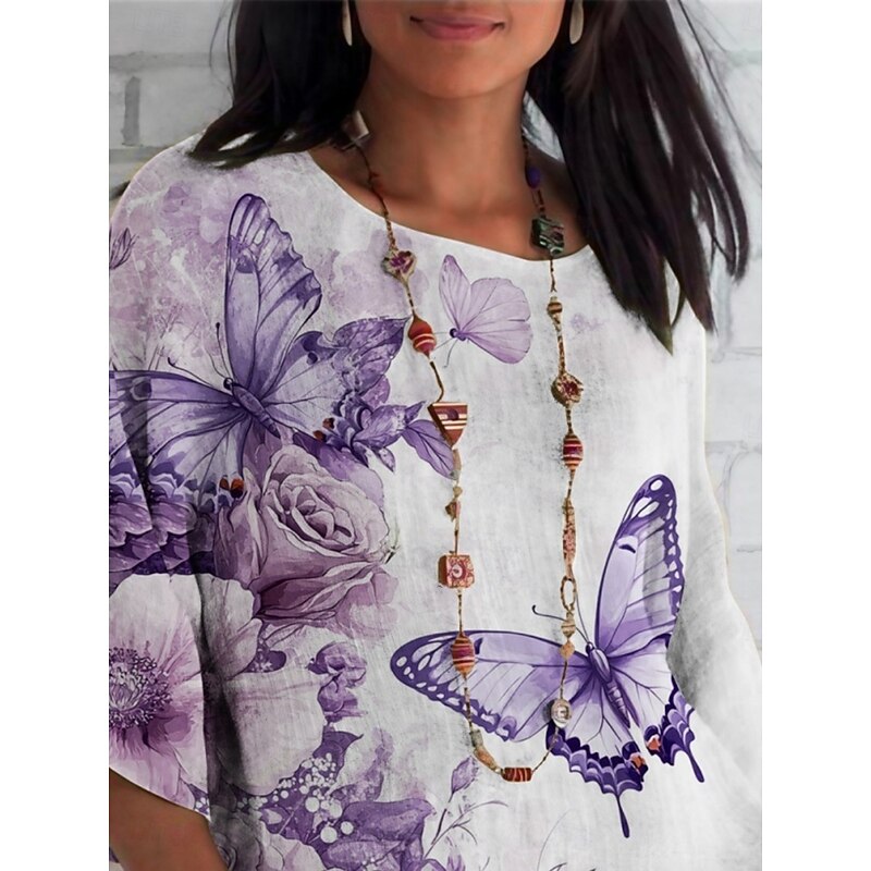 Women's Shirt Floral Butterfly Daily Casual 3/4 Length Sleeve Crew Neck Regular Tops Daily Holiday Print White Purple Summer Spring Fall2