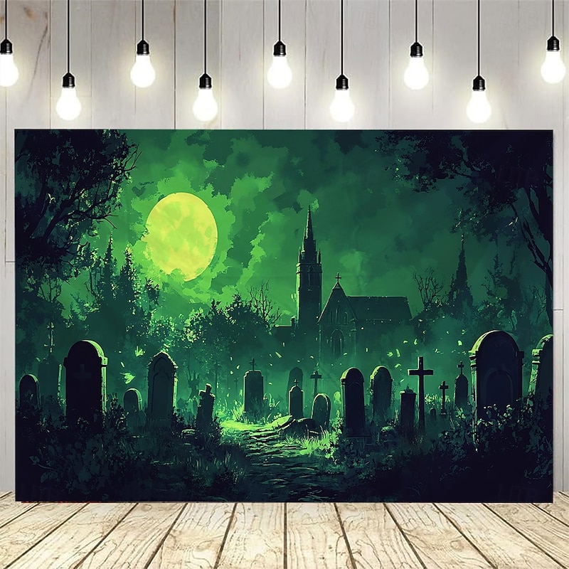 Halloween Photograph Backdrop Tapestry, Gloomy Cemetery, Pumpkin Lantern, and Full Moon Scenery Wall Hanging, Large Decorative Mural for Bedroom, Living Room, Party, and Home Decoration