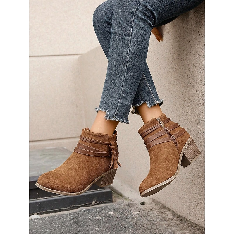 Women's Brown Ankle Boots with Tassel Straps – Casual Western Style Faux Suede Low Heel Booties for Fall, Streetwear and Daily Outfits3