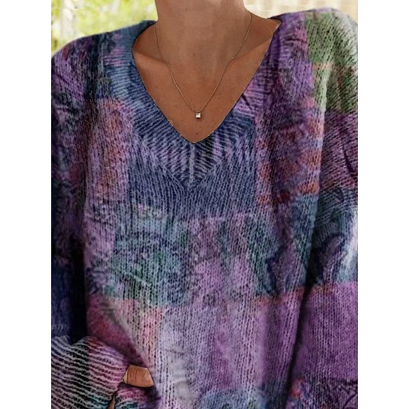 Women's Blouse Color Block Stylish Modern Long Sleeve V Neck Long Tops Daily Holiday Print Purple Spring Fall Winter3