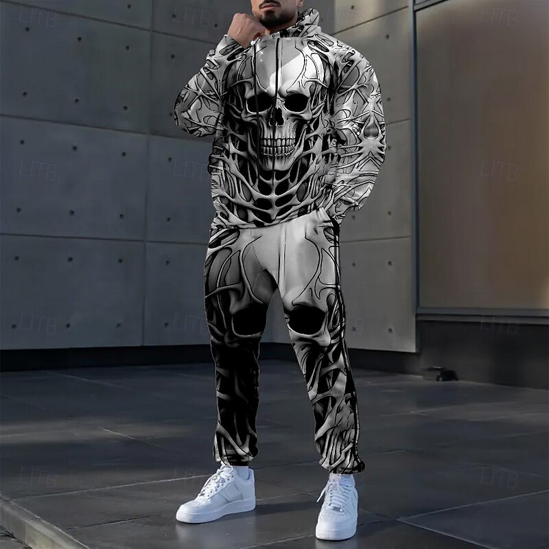 Halloween Men's Skulls 2pcs 3D Sweatshirt Sets Tracksuit Hoodie Sweatshirt Long Sleeve Long pants Hooded Casual Daily Modern Urban Athleisure Streetwear 3D Print Spring Fall Winter White Dark Gray2