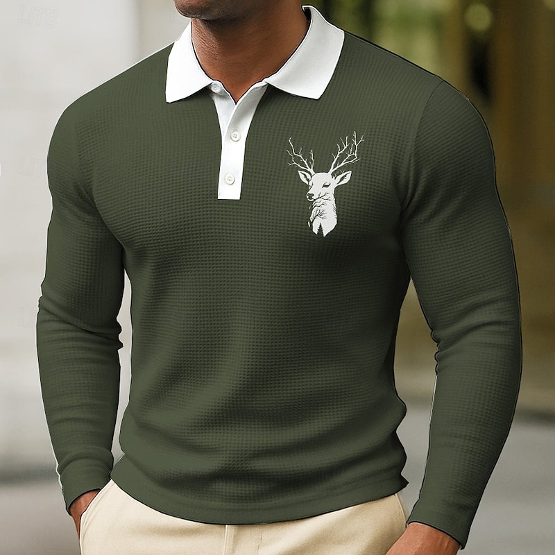 Men's Animal Deer Waffle Polo Shirts Long Sleeve Polo Shirts Collared Shirts Casual Wear to work Daily Wear Buttons Spring Fall Winter Navy Blue Blue Green2
