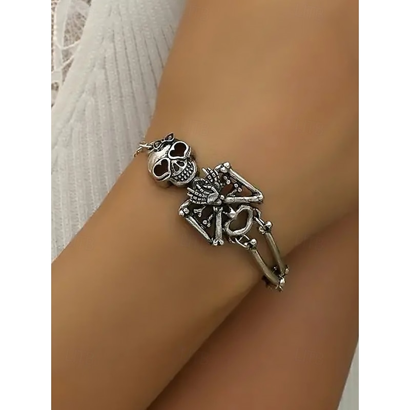 Women's Halloween Skeleton Bracelet – Silver Alloy with Skeleton and Broomstick Design – Adjustable Chain, Perfect for Halloween Costumes and Parties