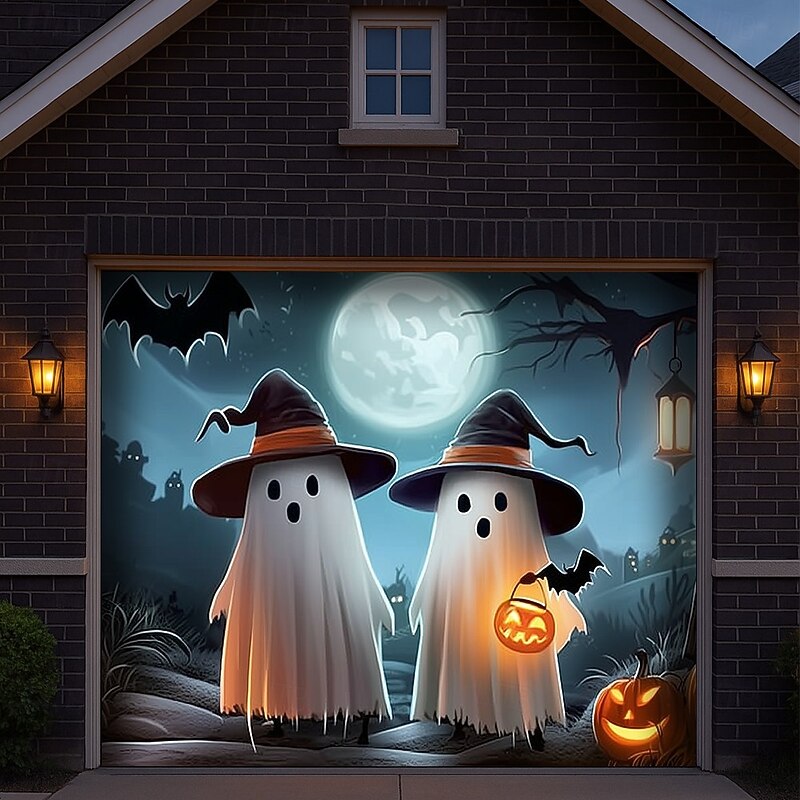 Halloween Outdoor Garage Door Cover Ghosts with Pumpkin Lanterns Spooky Night Scene Banner Large Tapestry Backdrop Decoration for Holiday Outdoor Garage Door Wall Fence4