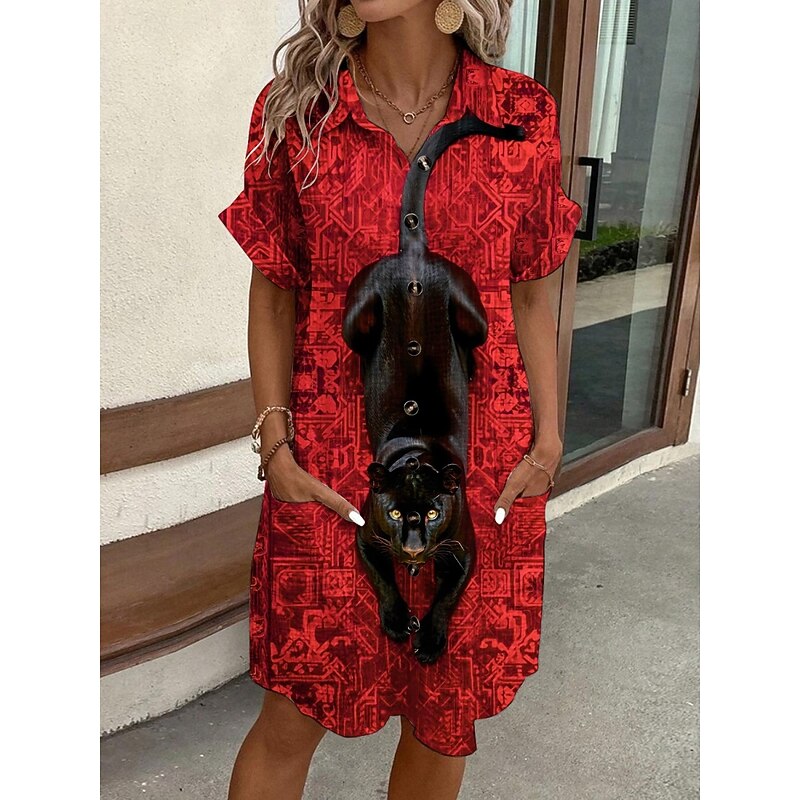 Women's Mini Dress Shirt Dress Casual Dress Print Dress Fashion Modern Daily Beach Weekend Regular Fit Cat Short Sleeve Shirt Collar Red Summer Spring Fall Autumn