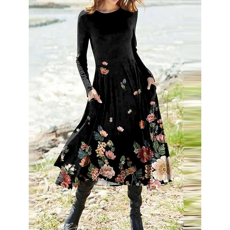 Women's Midi Dress A Line Dress Fit And Flare Dress Vacation Casual Daily Going out Regular Fit Ombre Graphic Geometric Long Sleeve Crew Neck White Pink Blue Gray Spring Fall Winter4