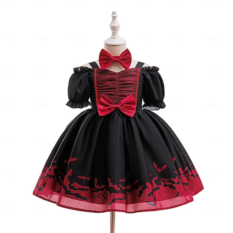 Kids Girls' Party Dress Graphic Short Sleeve Special Occasion Halloween Party Halloween Custome Sweet Polyester Summer Spring Fall kids Black2