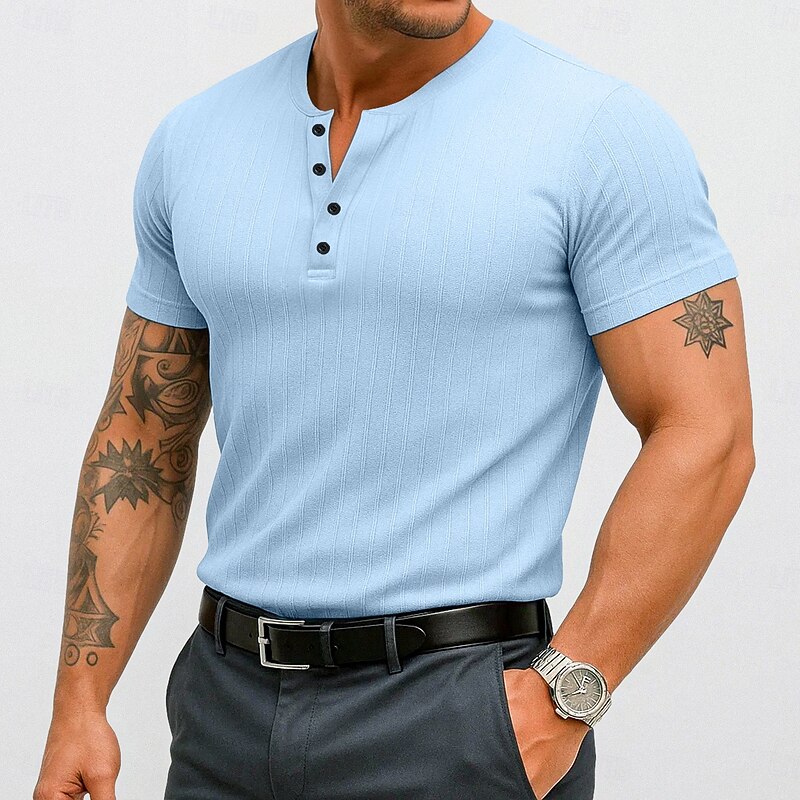Men's Henley Shirt Short Sleeve Shirt Muscle Shirt Ribbed Knit tee Short Sleeve Henley Summer Solid Color Daily Hawaiian Buttons Outdoor Street Causal White Blue Top Tee for Men