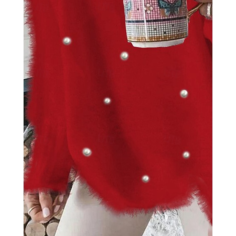 Women's Sweater Pullover Sweatshirt Fuzzy Cozy T Shirt Plain Ribbed Knitted Casual Long Sleeve V Neck Tops Daily Going out Weekend Lace Oversized Red Fall Winter3