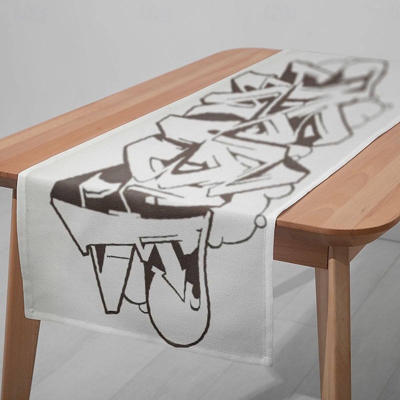 1PC Black White Graffiti Digital Printed Table Runner Table Flag – 33x180cm (13x70.5in) Decorative Tablecloth for Restaurant, Banquet, Party Supplies