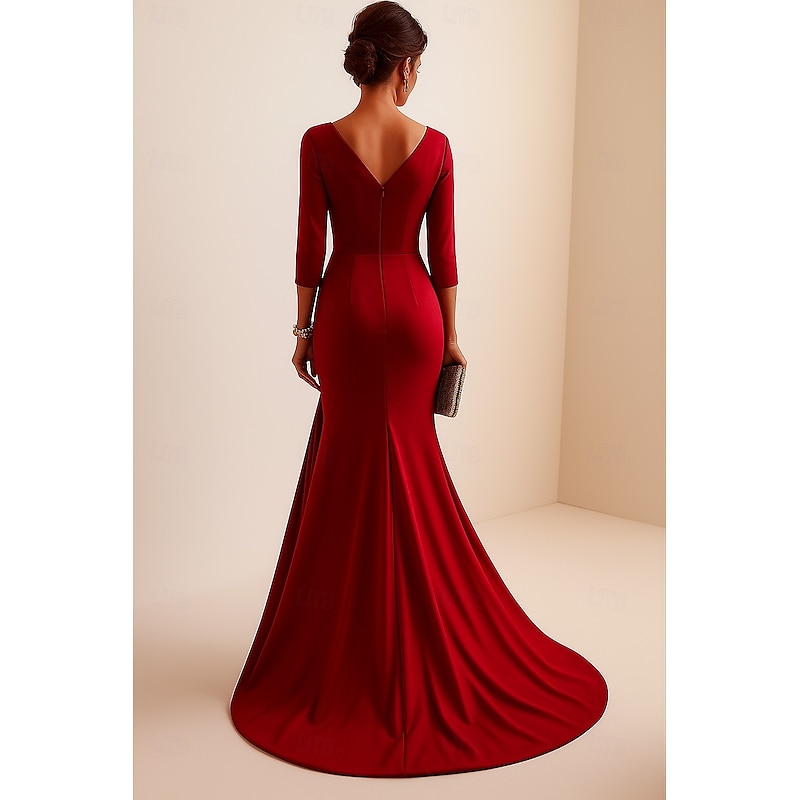 Red Black Mermaid / Trumpet Evening Gown Elegant Dress Formal Wedding Floor Length 3/4 Length Sleeve V Neck Stretch Satin with Ruffles 20252