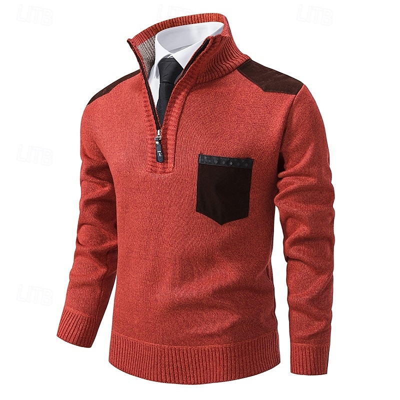 Men's Sweater Pullover Sweater Jumper Ribbed Knit Regular Tops Knitted Slim Fit Plain Stand Collar Knitwear Contemporary Casual Daily Wear Clothing Apparel Fall Winter Navy Blue Orange M L XL4