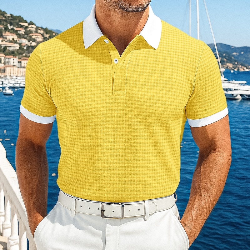 Men's Golf Shirt Waffle Knit Polo Shirt Business Casual Classic Short Sleeve Fashion Modern Solid Color Buttons Summer Spring Yellow Navy Blue Blue Khaki Golf Shirt