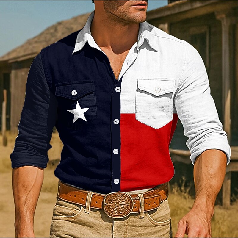 Men's American US Flag Shirt Western Shirt Cowboy Shirt Long Sleeve Vintage Retro Outdoor Casual WorkWear Summer Spring Fall Turndown Front Two Pockets Button Up Shirts White Dark Blue