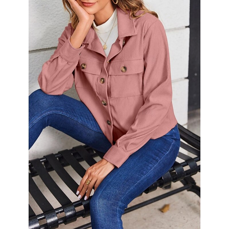 Women's Casual Jacket Comfortable Breathable Pocket Buttons Fashion Casual Plain Vacation Street Casual Daily Wear Single Breasted Short Turndown Regular Fit Long Sleeve Outerwear Black Pink Purple3