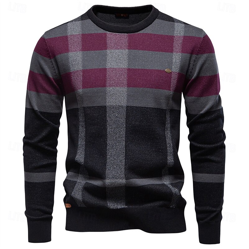 Men's Pullover Knit Regular Tops Check Pattern Crew Neck Cool Pullover School Vacation Clothing Apparel Spring Fall Dark Navy Purple S M L