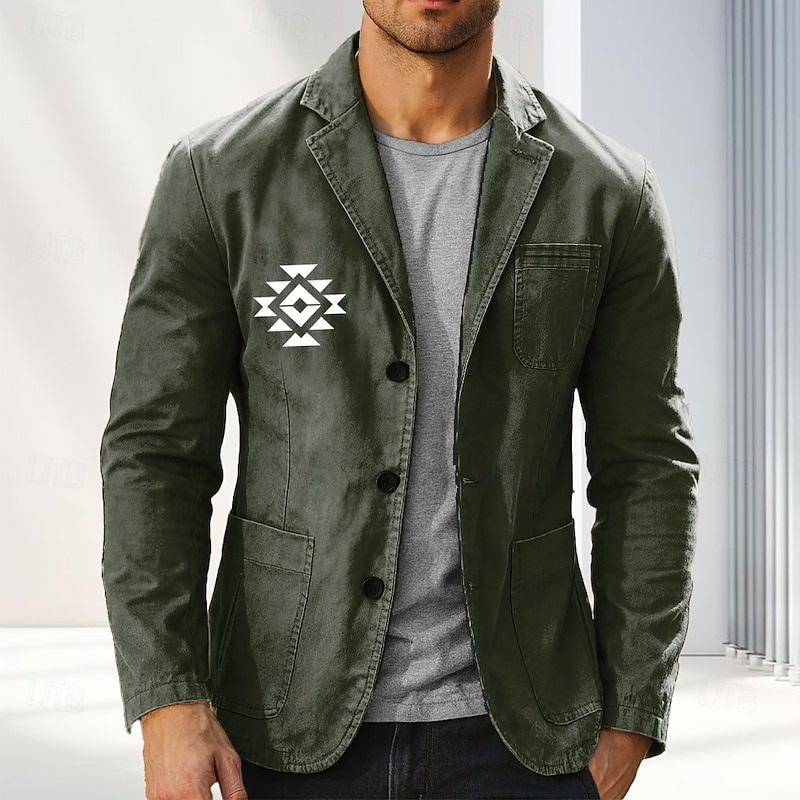 Men's Geometric Aztec Print Blazer Cotton Suit Jacket Suits Coat Casual Outdoor Dailywear Multiple Pockets Three Button Stripe Lined Suit Jacket Fall Winter Notch lapel collar Long Sleeve Black khaki