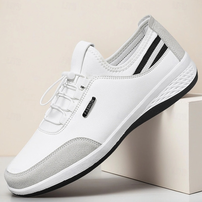 Men's White Mesh and Faux Leather Sports Sneakers – Lightweight Breathable Trainers for Gym, Running and Casual Streetwear