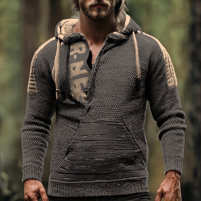 Men's Pullover Sweater Jumper Quarter Zip Sweaters Knit Sweater Ribbed Knit Regular Tops Knitted Letter Hooded Fashion Basic Vacation Daily Wear Clothing Apparel Fall Winter Yellow Red S M L3